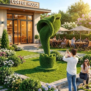 Topiary-skulptur av konstgräs för kaffekopp – Utomhusdekor, trädgårdskonst, caféattraktion, kommersiell visning, värdig Instagram