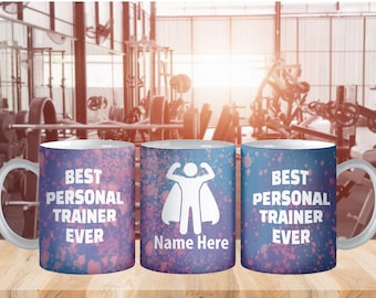 Puede incluir: Tres tazas de cerámica blanca con un diseño de salpicaduras azul y rosa. Las tazas tienen el texto "Mejor entrenador personal de todos los tiempos" y un gráfico de superhéroe. Una taza tiene el texto "Nombre aquí" en lugar del texto.