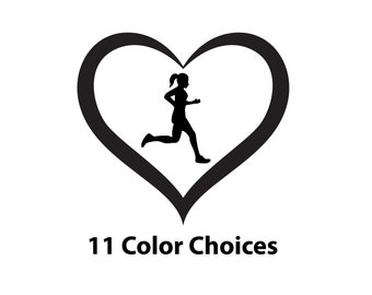 May include: Black silhouette of a person running inside a heart shape. The text "11 Color Choices" is below the heart.
