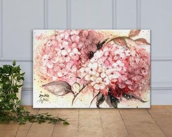 Hortensien Aquarell Malerei, Leinwand Druck, handgemalte Blumen, vertikal horizontal Kunstdruck, rosa beige weiß, Wandkunst, florale Kunst