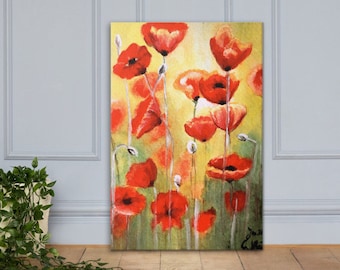 Pintura de acuarela de flores de amapola, impresión de lienzo, campo de amapola pintado a mano, impresión de arte horizontal vertical, arte de pared verde amarillo rojo, arte floral