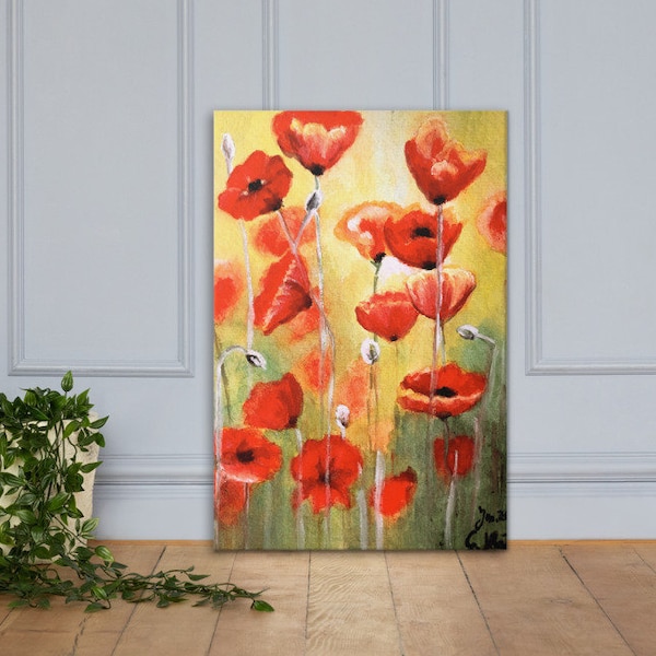Poppies watercolor painting, canvas print, hand painted poppy field, vertical horizontal art print, red yellow green wall art, floral design
