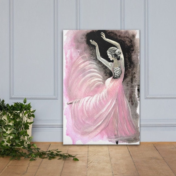 Watercolor painting ballerina canvas print pink gray, ballet dancer hand painted, contemporary art, modern fashion chic, nursery decor 24x36