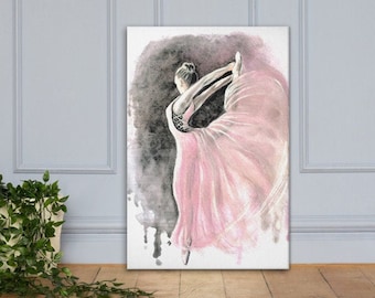 Aquarell Malerei Ballerina Leinwand Druck rosa grau, Ballett Tänzerin handgemalt, moderne Kunst, Wandbild, Fashion chic, Kinderzimmer, 60x90