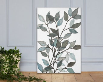 Hojas ramas pintura de acuarela, impresión de lienzo, arte botánico, hojas de verde oliva azul pintadas a mano, arte de pared vertical, horizontal, hoja