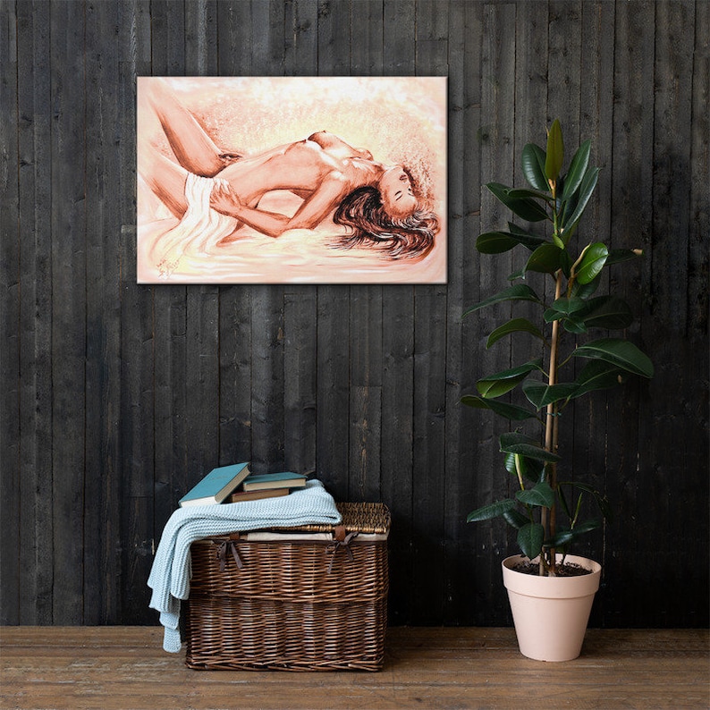 Akt Leinwand Druck, Acryl Aquarell Malerei Erotik, leidenschaftliche Frau Wandkunst in lachsrosa & rosé, sexy Geschenk Schlafzimmer 90x60cm Bild 6