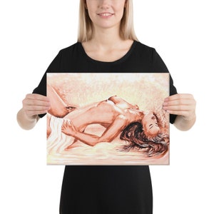 Akt Leinwand Druck, Acryl Aquarell Malerei Erotik, leidenschaftliche Frau Wandkunst in lachsrosa & rosé, sexy Geschenk Schlafzimmer 90x60cm 30x40cm (12x16) inches