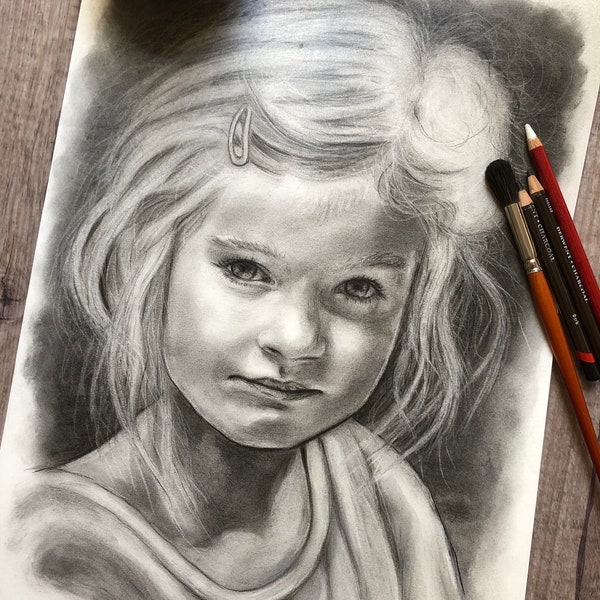 Custom child from photo, charcoal portrait drawing, original hand drawn commission, personalized family portrait, DIN A5 - A1, gift idea