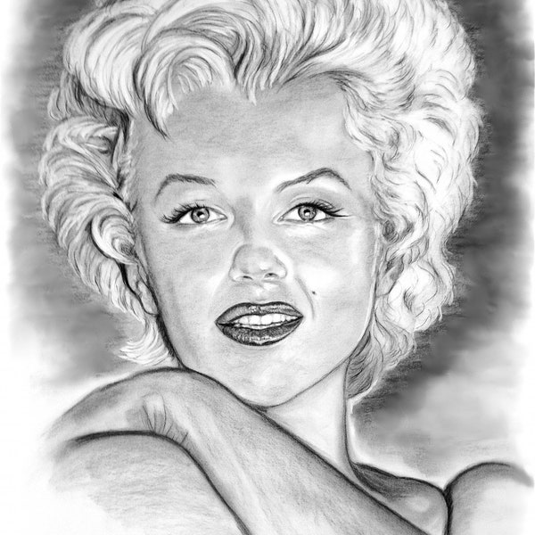 Marilyn Monroe charcoal portrait illustration instant download, hand drawn, realism, 17x25” printable wall art, art print present home decor