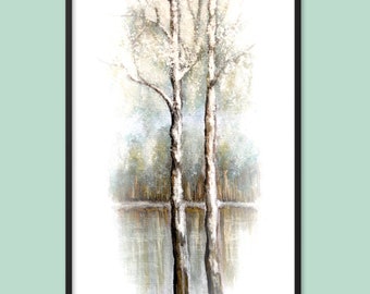 Birken Kunstdruck, gerahmtes Poster Aquarell Malerei, Natur Gemälde, See Landschaft, Kunst Druck blaugrün braun weiß, Hand gemalt, 17 Größen