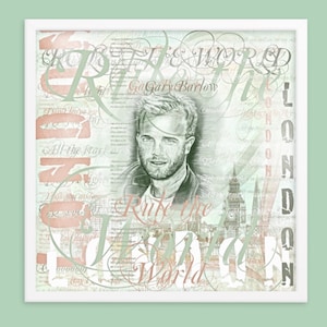 Gary Barlow art print, framed poster shabby chic, portrait collage, Take That art print light green white, hand drawn, typography, 17 sizes
