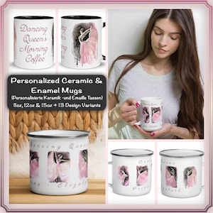 May include: Set of four personalized ceramic and enamel mugs with a watercolor design of a ballerina in a pink dress. The mugs feature the text "Dancing Queens" and the names "Frida", "Elizabeth", "Lida", and "Jabeth".