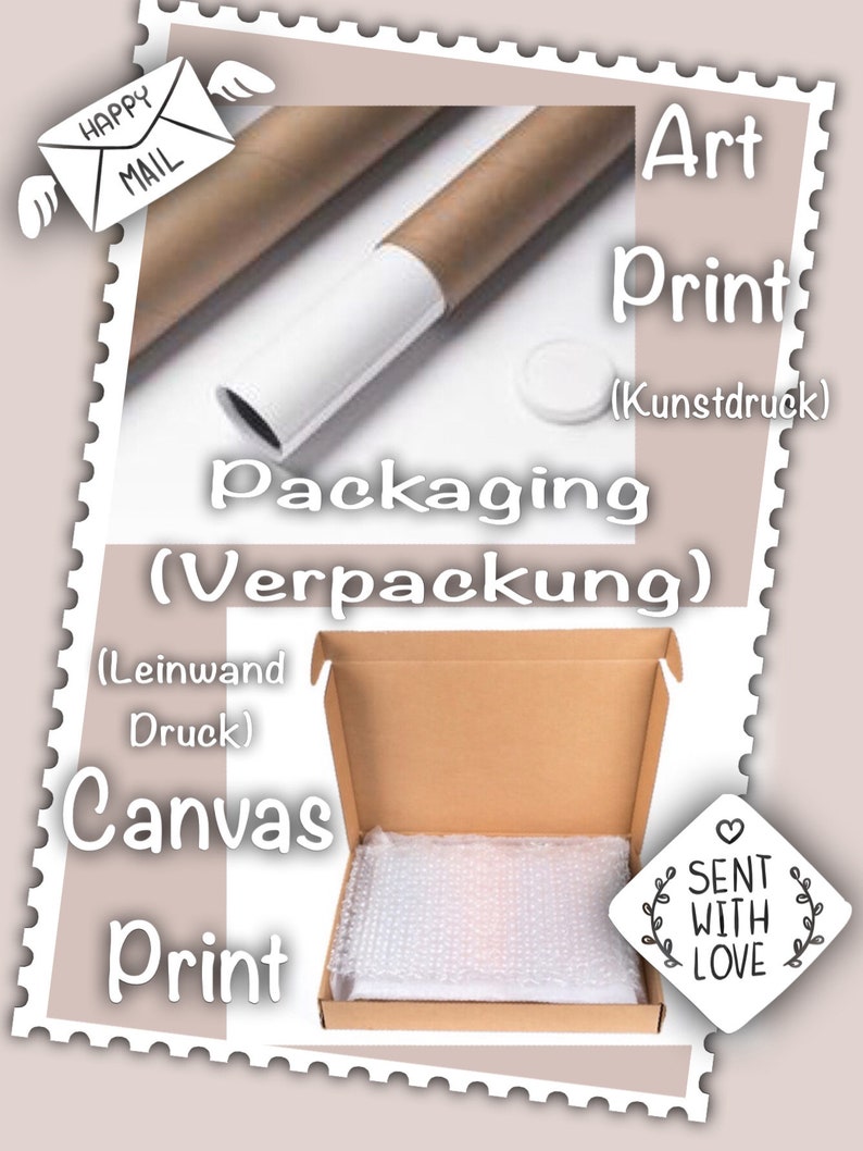 K&ouml;nnte beinhalten: Eine braune Pappr&ouml;hre mit einer wei&szlig;en Endkappe, die einen gerollten Leinwanddruck enth&auml;lt. Die R&ouml;hre liegt auf einer wei&szlig;en Oberfl&auml;che. Der Text "HAPPY MAIL" ist auf einem roten Umschlag mit wei&szlig;en Fl&uuml;geln geschrieben. Der Text "Art Print (Kunstdruck)" ist in schwarzer Schrift auf wei&szlig;em Hintergrund geschrieben. Der Text "Packaging (Verpackung) (Leinwand Druck) Canvas Print" ist in schwarzer Schrift auf wei&szlig;em Hintergrund geschrieben. Der Text "SENT WITH LOVE" ist in schwarzer Schrift auf einem wei&szlig;en Herzen mit wei&szlig;em Rand geschrieben. Das Herz ist von einem Kranz aus Bl&auml;ttern umgeben.