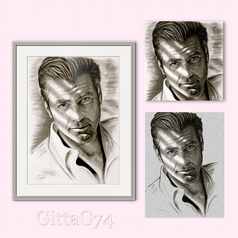 George Clooney instant charcoal portrait illustration ...