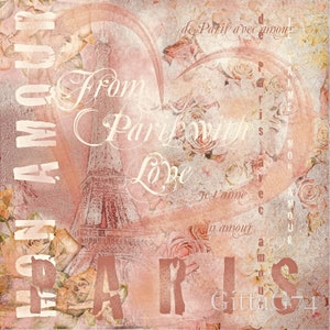 Descarga instantánea Shabby Chic, de París con amor Salmón Rosa Beige Vintage Collage Provence Country Style Tipografía Mural imprimible