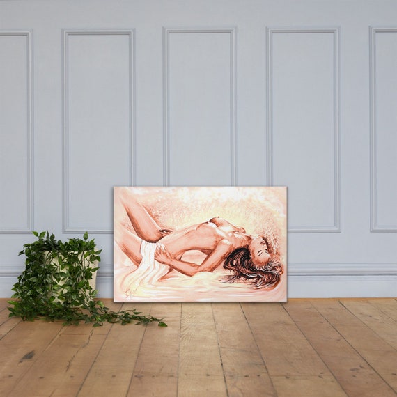 Akt Leinwand Druck, Acryl Aquarell Malerei Erotik, leidenschaftliche Frau Wandkunst in lachsrosa & rosé, sexy Geschenk Schlafzimmer 90x60cm