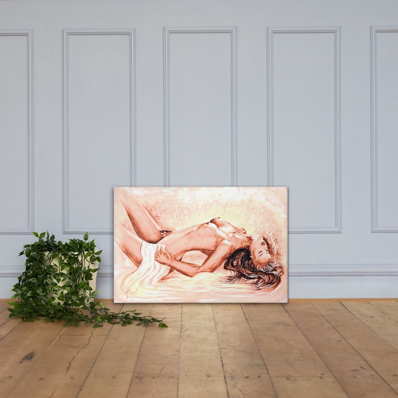 Akt Leinwand Druck, Acryl Aquarell Malerei Erotik, leidenschaftliche Frau Wandkunst in lachsrosa & rosé, sexy Geschenk Schlafzimmer 90x60cm Bild 1