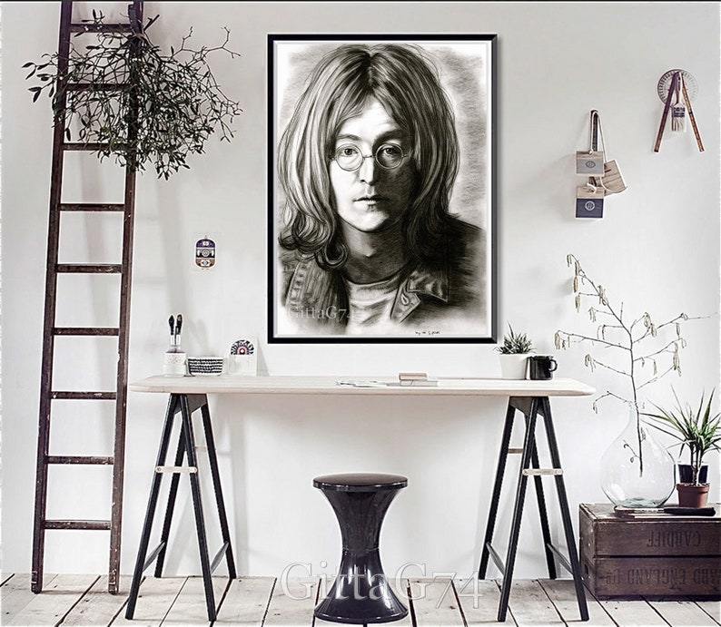John Lennon charcoal portrait illustration instant download, han