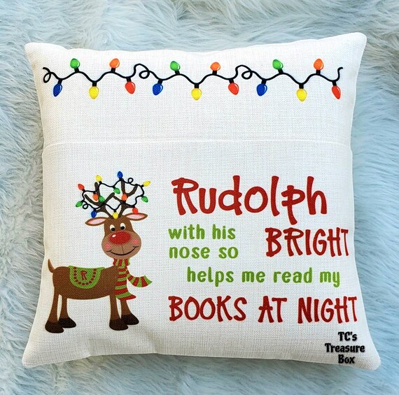 Book Pillow, Rudolph Pillow, Christmas Reading Pillow, Rudolph Pocket Pillow, Christmas Book Pillow, Reading Nook, Kids Room Decor