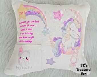 Tooth Fairy Pillow, Unicorn Tooth Pillow, Lost Tooth Pillow, Tooth Pocket Pillow, Fairy Pillow, Sleeping Unicorn Pillow, Kids Room Decor