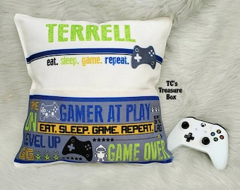 Gamer Pillow, Personalized Gamer Pillow, Gamer Pocket Pillow, Video Game Pillow, Game Room Decor, Book Pillow, Reading Nook, Kids Room Decor