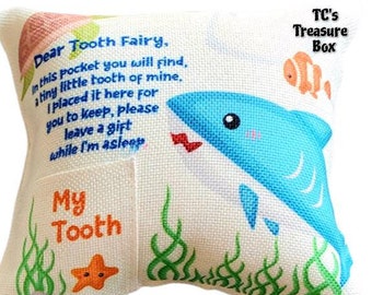 Shark Tooth Fairy Pillow, Lost Tooth Pillow, Tooth Pocket Pillow, Fairy Pillow, Prize Pillow, Kids Room Decor, Tooth Fairy Pillow Graphic