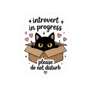 May include: A sticker featuring a black cat peeking out of a cardboard box. The text reads "introvert in progress please do not disturb" with hearts and stars. The cat has yellow eyes and is surrounded by pink hearts.