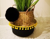 Small Handwoven Belly Basket foldable for plants or storage scandi, pompoms, nursery