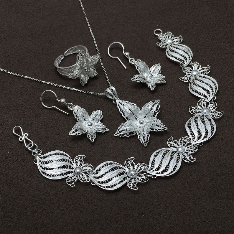 Hand Kinitted Bracelets Necklace Earrings and Ring Special 925 Pure Silver Handmade Turkish Telkari Jewellerry Sets Vintage,65,Mothers Day