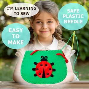 Kit de couture bricolage en feutre pour enfants - Porte-monnaie pour enfant vert coccinelle d'inspiration Montessori