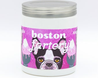 Boston fart candle, Boston Terrier candle, vegan soy candle, farmhouse chic candle jar, Boston Terrier fart candle gift, Boston Fartery™