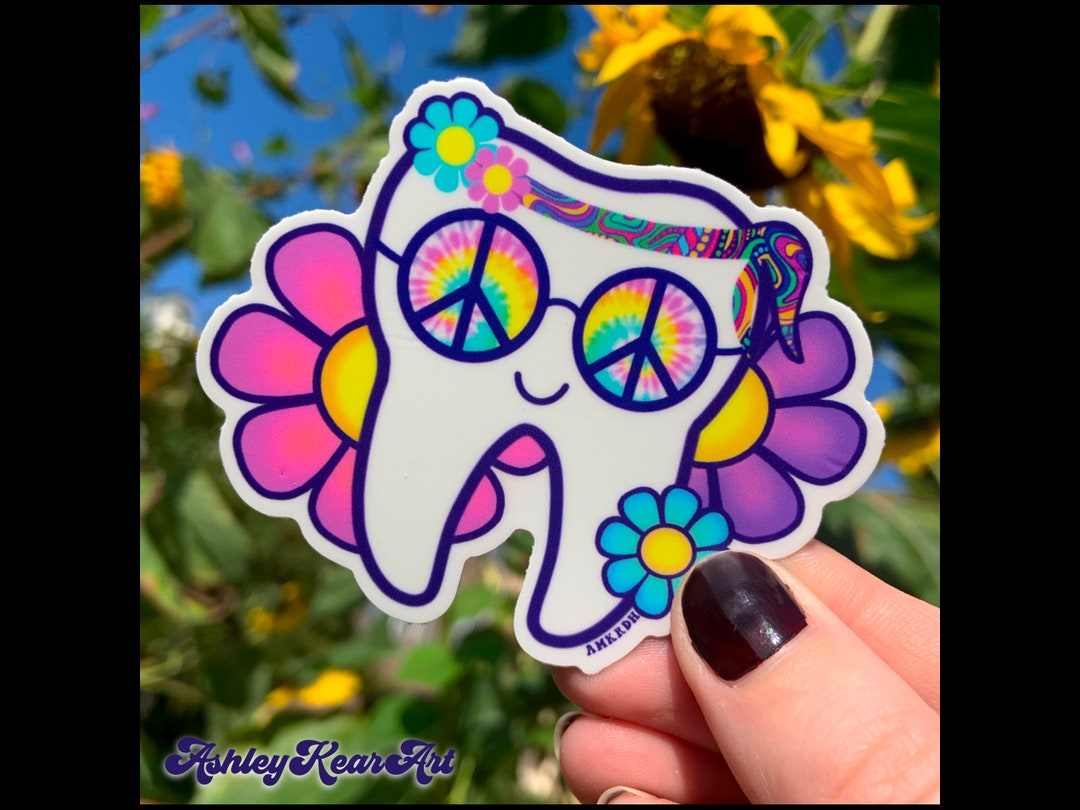 Dental Sticker, Retro Molar Sticker, Hippie Tooth Sticker, Dental ...