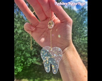 Resin tooth suncatcher, dental suncatcher, dental car charm, tooth car charm, resin tooth, glitter resin tooth, tooth keychain,