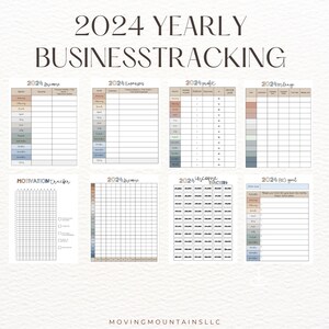 Może przedstawiać: Drukowalny tracker biznesowy na rok 2024. Tracker zawiera sekcje dla dochod&oacute;w, wydatk&oacute;w, zysku, przebiegu, motywacji i dużego celu. Strony są zaprojektowane w jasnobrązowej i szarej kolorystyce.