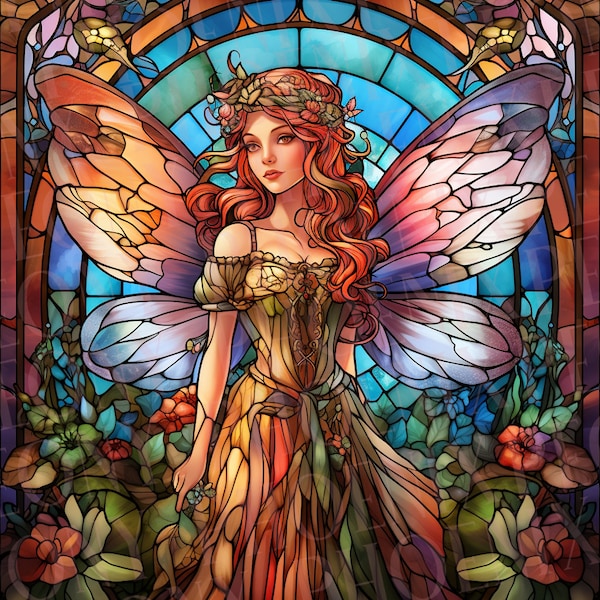 Fairy Clipart, Stained Glass Fairy, Stained Glass Window Clipart, Fairy Png, Angel Clipart, Fairy Sublimation, Fairy Art, Butterfly, Redhead