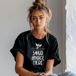 3001 mockup zwart shirt, model vrouw model, zwart 3001 mockup, Bella Canvas 3001 mockup shirt, mockup zwart shirt, blanke vrouw sexy