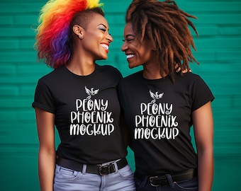 Lesbian Couple Black T-Shirt Mockup, Queer Women Model (PNG Digital Download)