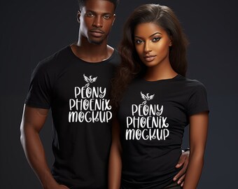 Mockup zwart koppel T-shirt, melanine mockup (digitale png-download)