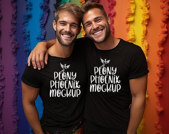 Gay Pride Couple T-Shirt Mockup, Black Bella 3001 (PNG Digital Download)