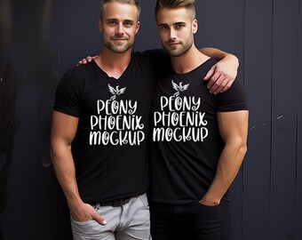 Gay Pride Couple T-Shirt Mockup, Black Bella 3001 (PNG)