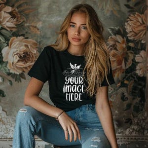 3001 mockup zwart shirt, model vrouw model, zwart 3001 mockup, Bella Canvas 3001 mockup shirt, mockup zwart shirt, blonde blanke vrouw sexy
