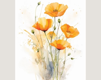 Akvarell konsttryck med kalifornisk vallmo. Heminredning med kalifornisk vallmo. Vallmokonst i köket. Eschscholzia californica. Konst med gyllene vallmo. Väggkonst.