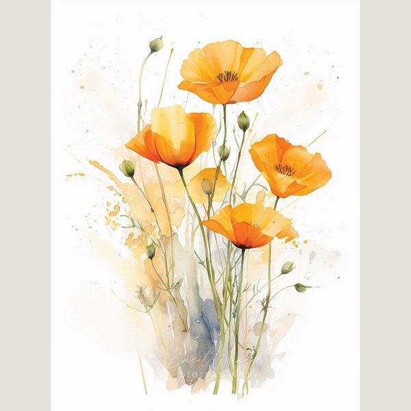 California Poppy Watercolor Art Print. California Poppy Home Decor. Poppy kitchen art. Eschscholzia Californica. Golden poppy art. Wall Art.