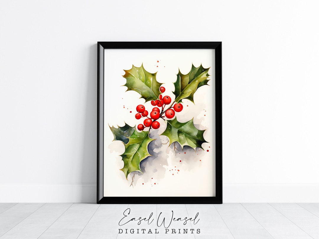 Holly Art Print. Red Holly Berries. Holly Decor. Holly Plant Picture