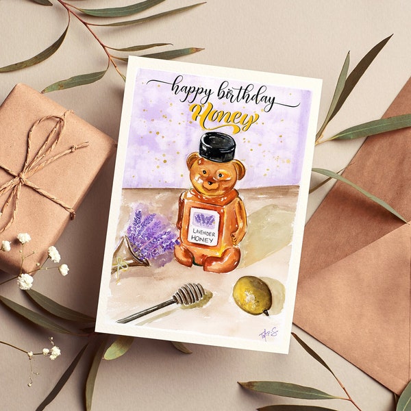 Prénom personnalisable joyeux anniversaire miel ours lavande carte aquarelle originale carte cadeau d'anniversaire doux anniversaire miel je t'aime