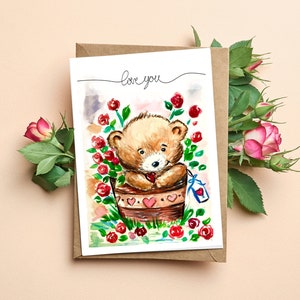 I Love You Card Cute Bear Romantic Original design One of a Kind Watercolor Heart Roses Card Boyfriend / Girlfriend Gift Card for Him / Her image 1