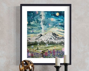 Pintura em aquarela original Wall Art Magical Sky View no Mt. Rainier National Park. Flores silvestres florescendo paisagem PNW Ice Mountain Lovers
