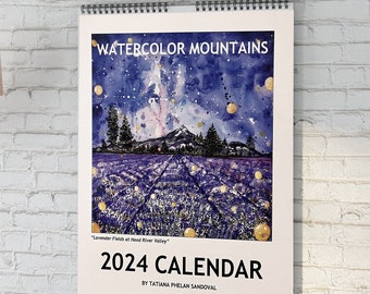 2024 Wall Calendar Watercolor Mountains Vertical 8,5x11 Hanger featuring Original Handpainted Watercolors Mt Hood Mt Rainier Mt Shasta