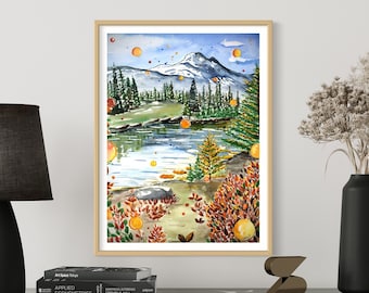 Wall Art Magical Mt. Mount Jefferson Watercolor Painting High Quality Print on Fine Art Paper Gift PNW Mountain Forest lover Oregon Mountain