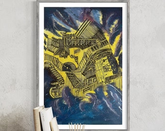 Pintura a óleo original sobre tela Composição da Relatividade de Escher em fundo Cosmic Infinity. Subindo escadas descendentes Wall Art Home Decor